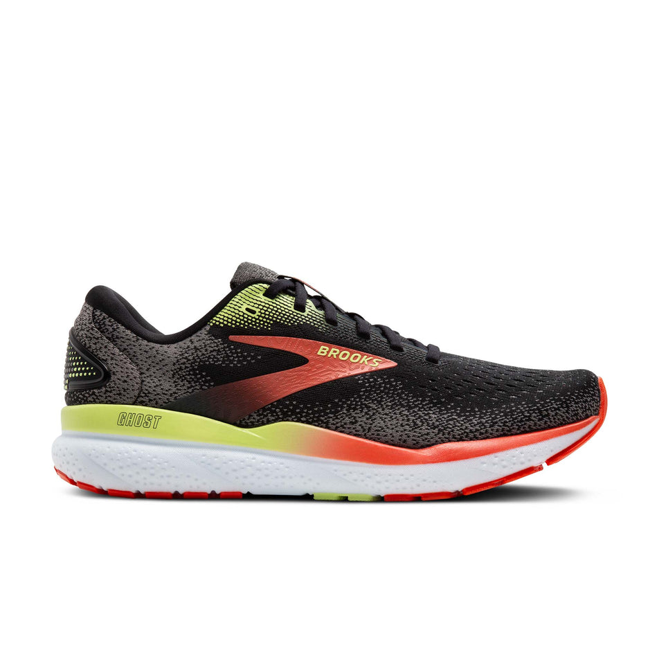 Lateral side of the right shoe from a pair of Brooks Men's Ghost 16 Running Shoes in the Black/Mandarin Red/Green colourway (8339206930594)
