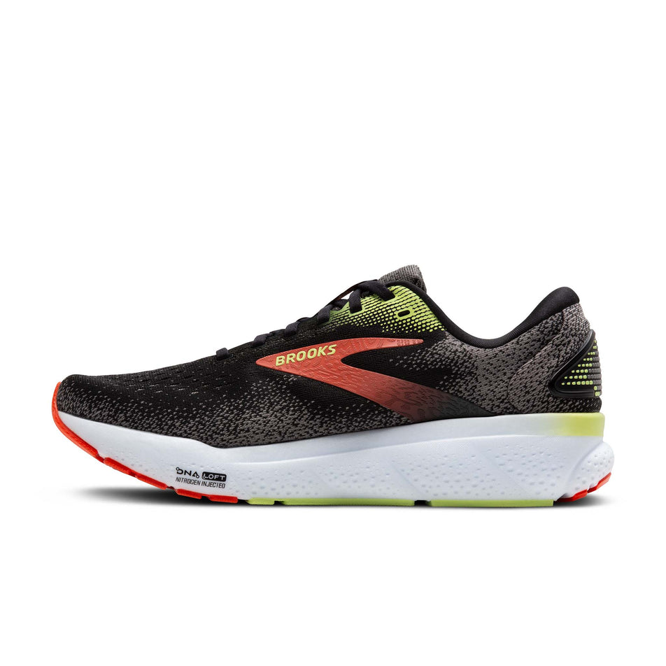 Medial side of the right shoe from a pair of Brooks Men's Ghost 16 Running Shoes in the Black/Mandarin Red/Green colourway (8339206930594)