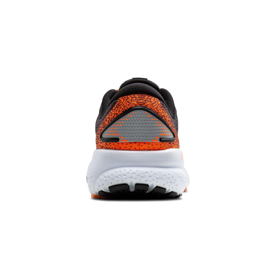 Back of the right shoe from a pair of Brooks Men's Ghost 16 Running Shoes in the Black/Orange/White colourway. (8519748550818)