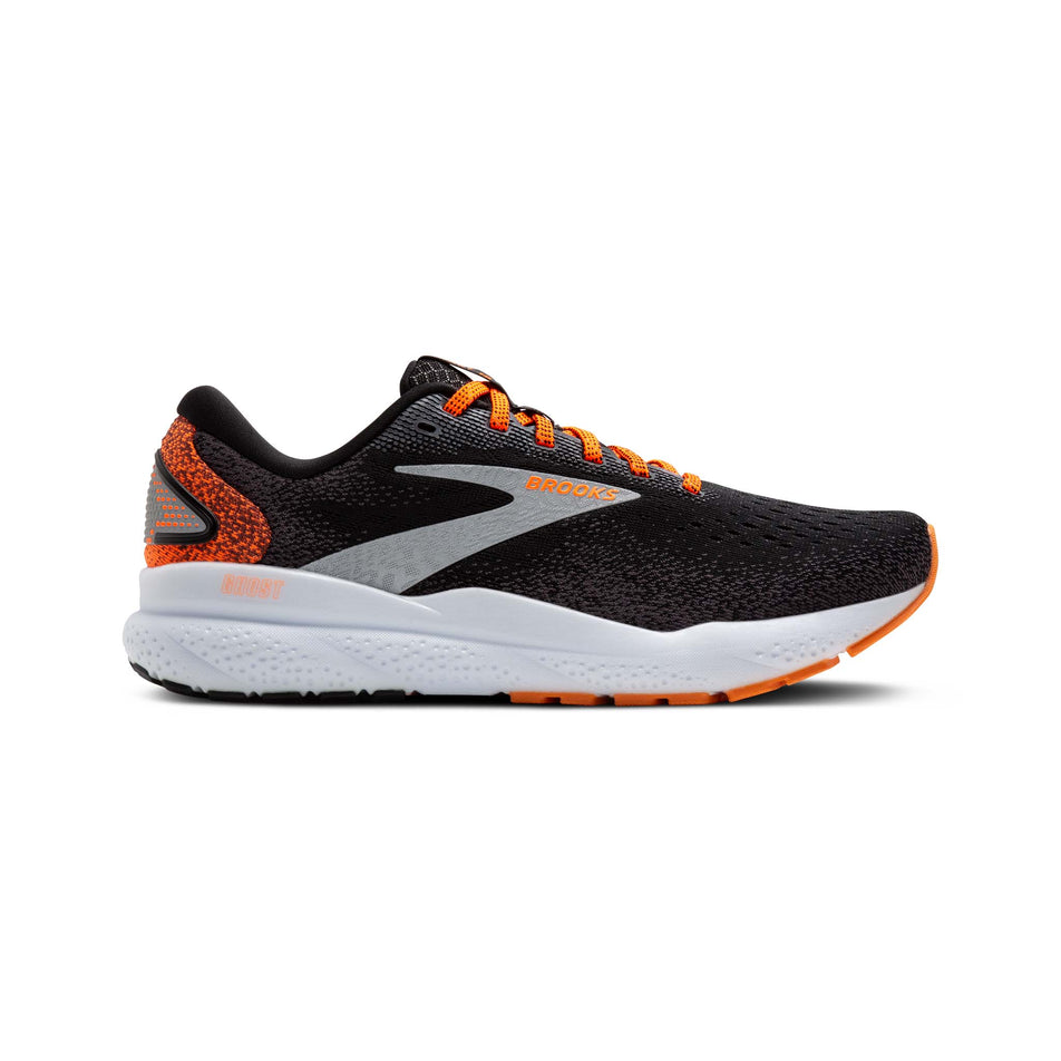 Lateral side of the right shoe from a pair of Brooks Men's Ghost 16 Running Shoes in the Black/Orange/White colourway. (8519748550818)