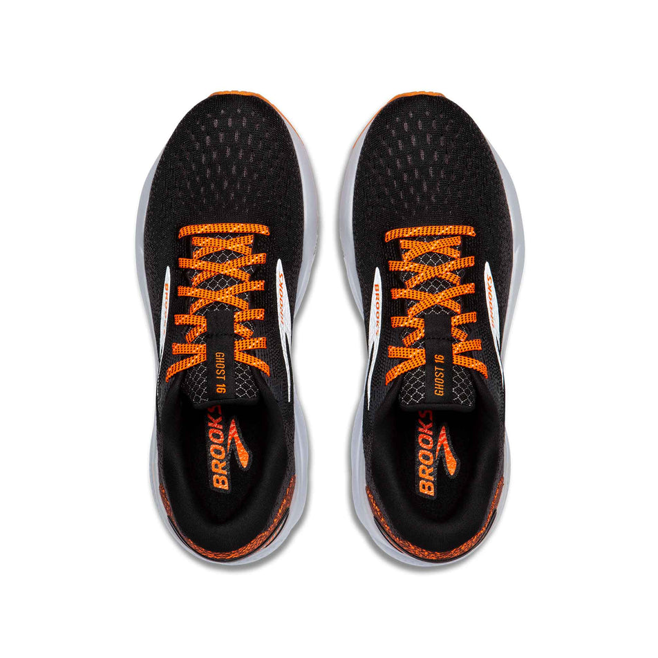 The uppers on a pair of Brooks Men's Ghost 16 Running Shoes in the Black/Orange/White colourway. (8519748550818)