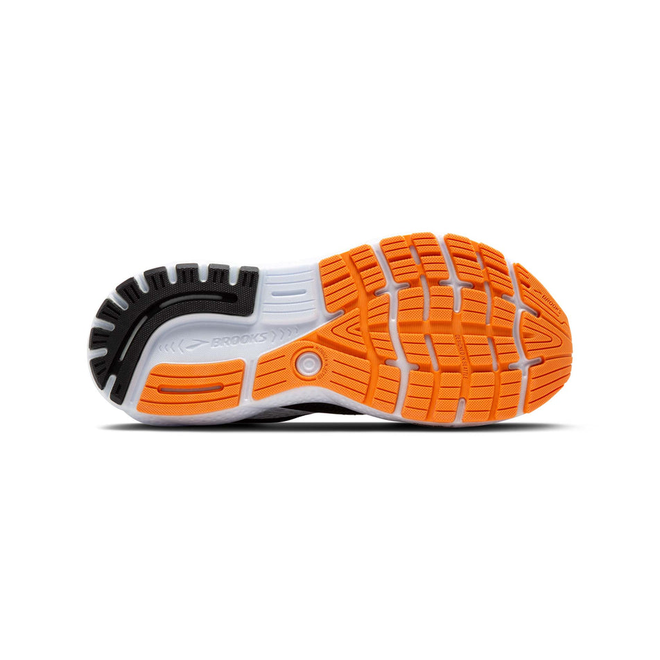 Outsole of the right shoe from a pair of Brooks Men's Ghost 16 Running Shoes in the Black/Orange/White colourway. (8519748550818)