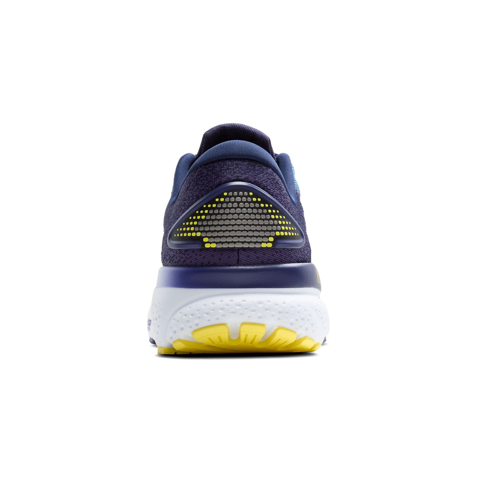 The back of the right shoe from a pair of Men's Brooks Ghost 16 Running Shoes in the Blue/Bonnie Blue/Yellow colourway. (8550535135394)