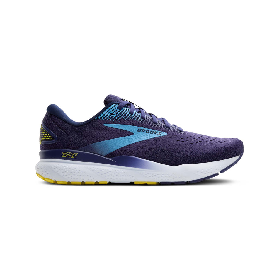 Lateral side of the right shoe from a pair of Men's Brooks Ghost 16 Running Shoes in the Blue/Bonnie Blue/Yellow colourway. (8550535135394)