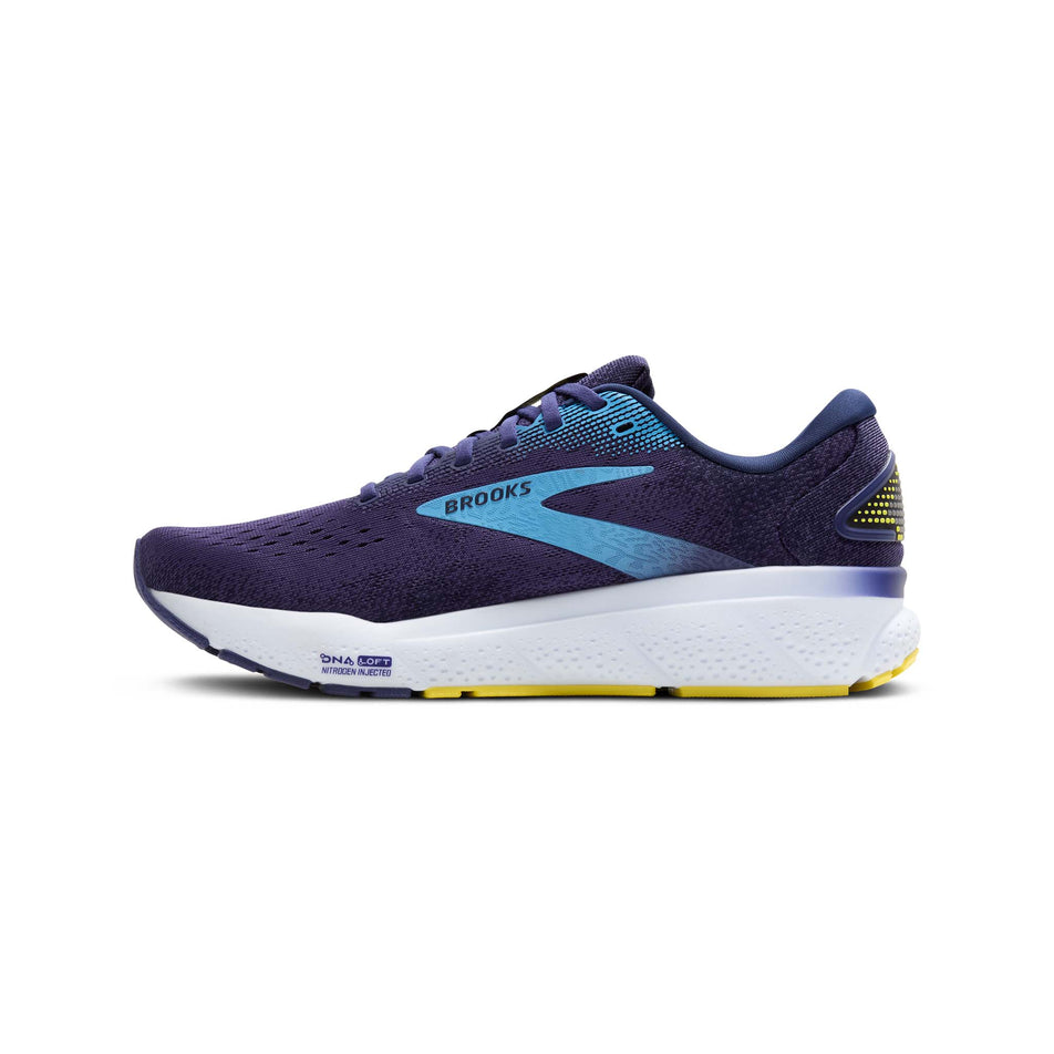 Medial side of the right shoe from a pair of Men's Brooks Ghost 16 Running Shoes in the Blue/Bonnie Blue/Yellow colourway. (8550535135394)