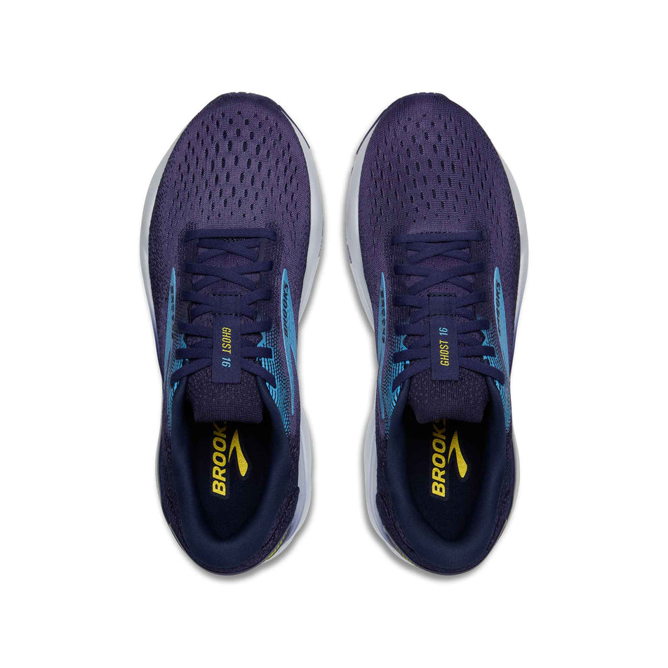 The uppers on a pair of Men's Brooks Ghost 16 Running Shoes in the Blue/Bonnie Blue/Yellow colourway. (8550535135394)