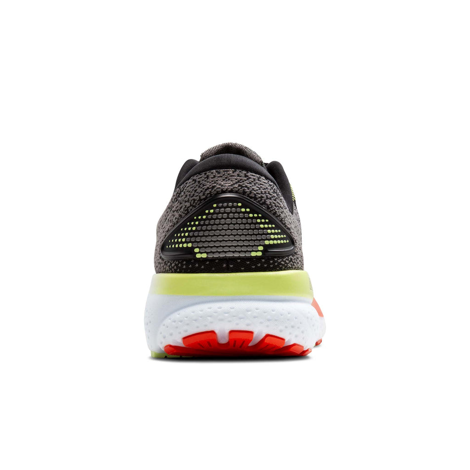 The back of the right shoe from a pair of Brooks Men's Ghost 16 2E Running Shoes in the Black/Mandarin Red/Green colourway (8339207356578)