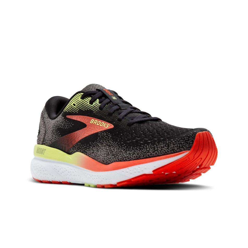 Lateral side of the right shoe from a pair of Brooks Men's Ghost 16 2E Running Shoes in the Black/Mandarin Red/Green colourway (8339207356578)