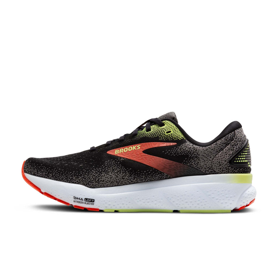 Medial side of the right shoe from a pair of Brooks Men's Ghost 16 2E Running Shoes in the Black/Mandarin Red/Green colourway (8339207356578)