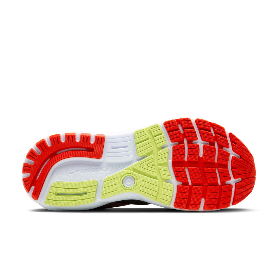 Outsole of the right shoe from a pair of Brooks Men's Ghost 16 2E Running Shoes in the Black/Mandarin Red/Green colourway (8339207356578)