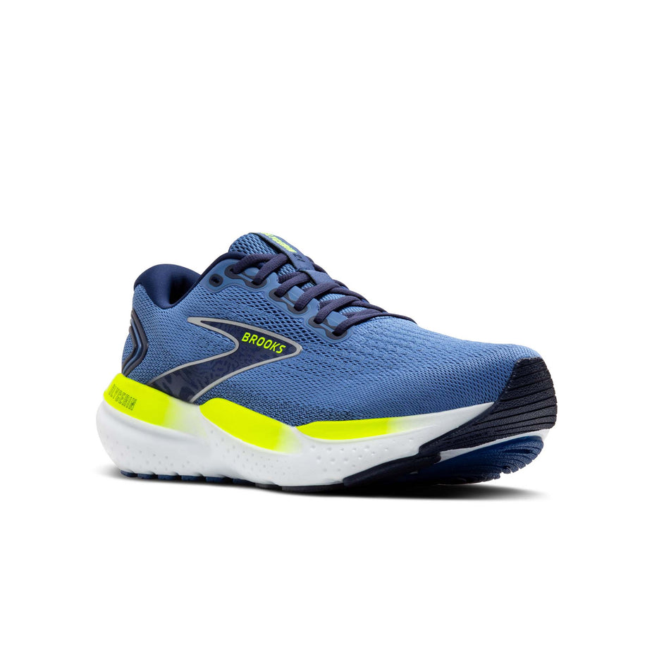 Lateral side of the right shoe from a pair of Brooks Men's Glycerin 21 Running Shoes in the Blue/Peacoat/Lemon colourway (8339208110242)