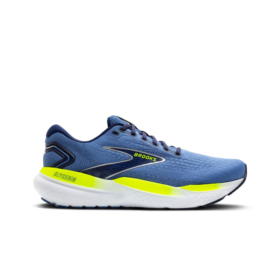 Lateral side of the right shoe from a pair of Brooks Men's Glycerin 21 Running Shoes in the Blue/Peacoat/Lemon colourway (8339208110242)