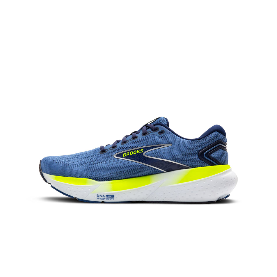 Medial side of the right shoe from a pair of Brooks Men's Glycerin 21 Running Shoes in the Blue/Peacoat/Lemon colourway (8339208110242)