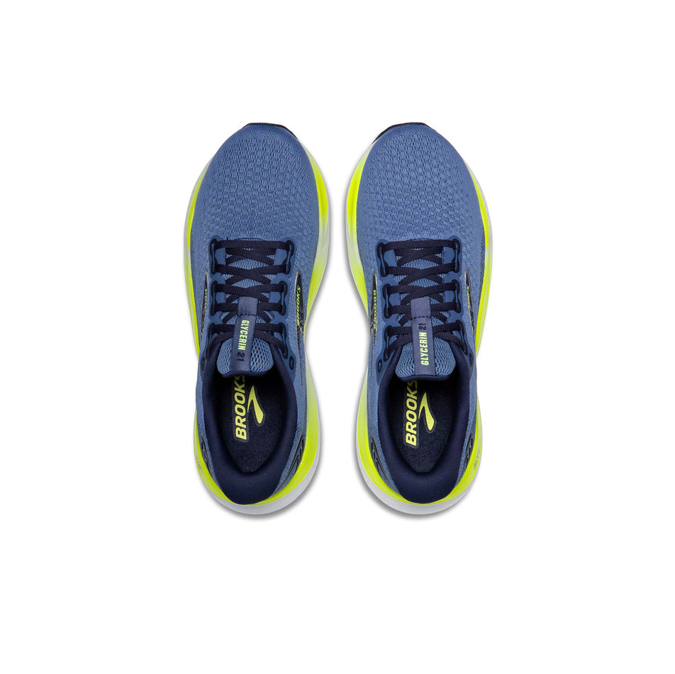 The uppers of a pair of Brooks Men's Glycerin 21 Running Shoes in the Blue/Peacoat/Lemon colourway (8339208110242)