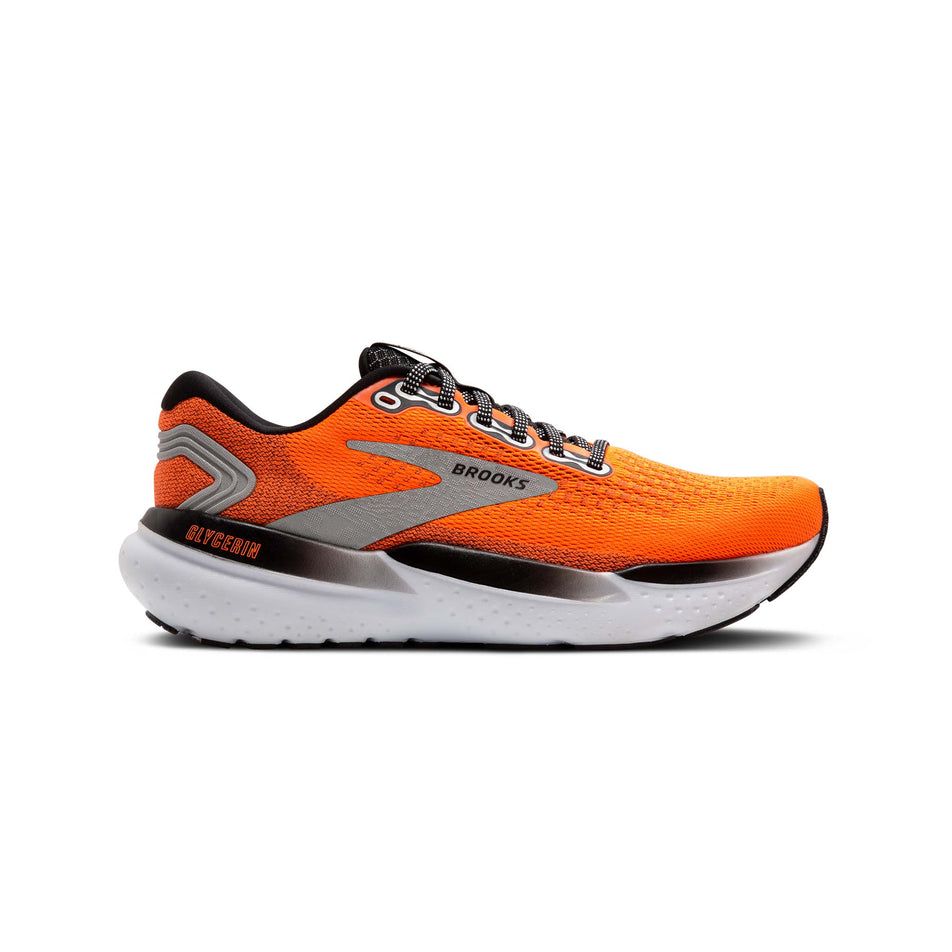 Lateral side of the right shoe from a pair of Brooks Men's Glycerin 21 Running Shoes in the Orange/Black/White colourway. (8519752319138)