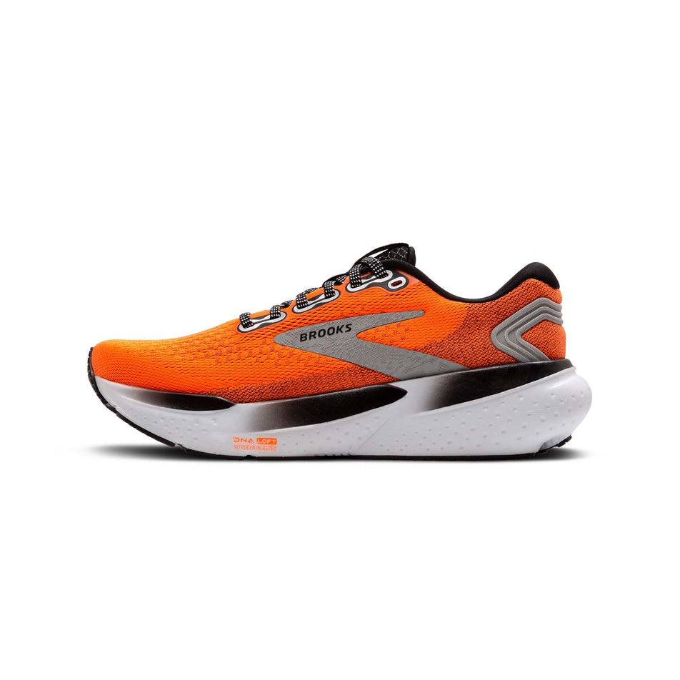 Medial side of the right shoe from a pair of Brooks Men's Glycerin 21 Running Shoes in the Orange/Black/White colourway. (8519752319138)