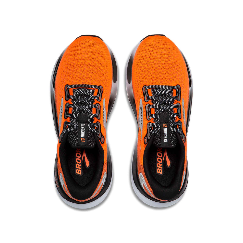 The uppers on a pair of Brooks Men's Glycerin 21 Running Shoes in the Orange/Black/White colourway. (8519752319138)