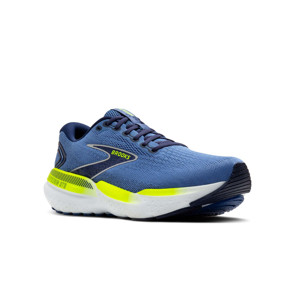 Lateral side of the right shoe from a pair of Brooks Men's Glycerin GTS 21 Running Shoes in the Blue/Peacoat/Lemon colourway (8339210731682)