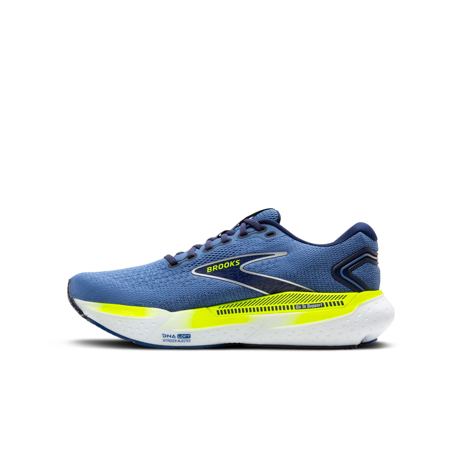 Medial side of the right shoe from a pair of Brooks Men's Glycerin GTS 21 Running Shoes in the Blue/Peacoat/Lemon colourway (8339210731682)