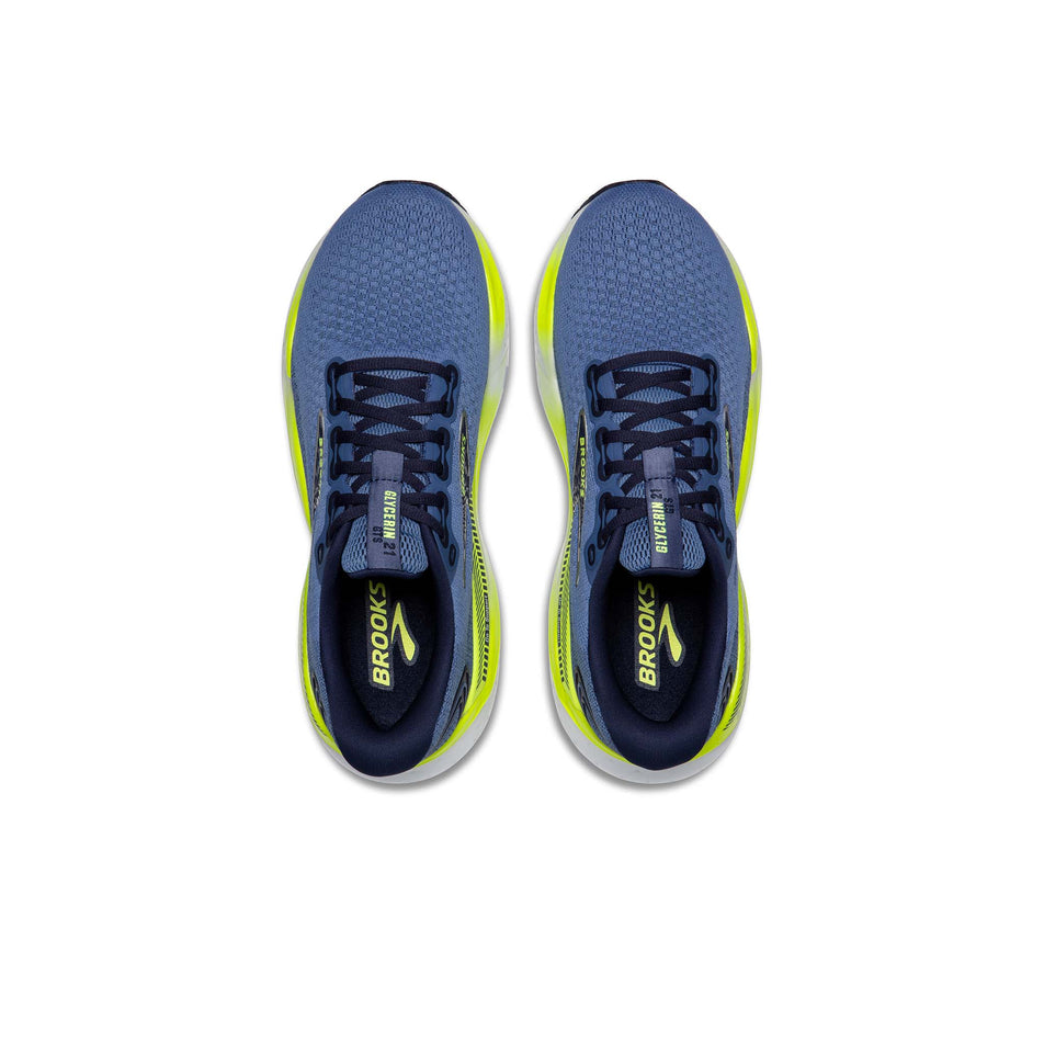 The uppers of a pair of Brooks Men's Glycerin GTS 21 Running Shoes in the Blue/Peacoat/Lemon colourway (8339210731682)