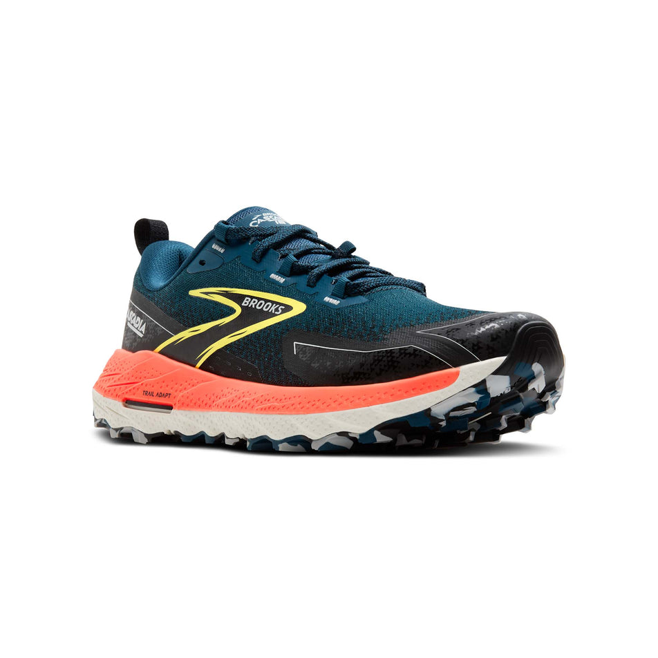 Lateral view of the right shoe from a pair of Brooks Men's Cascadia 18 Running Shoes in the Legion Blue/Black/Flame colourway. (8556651118754)