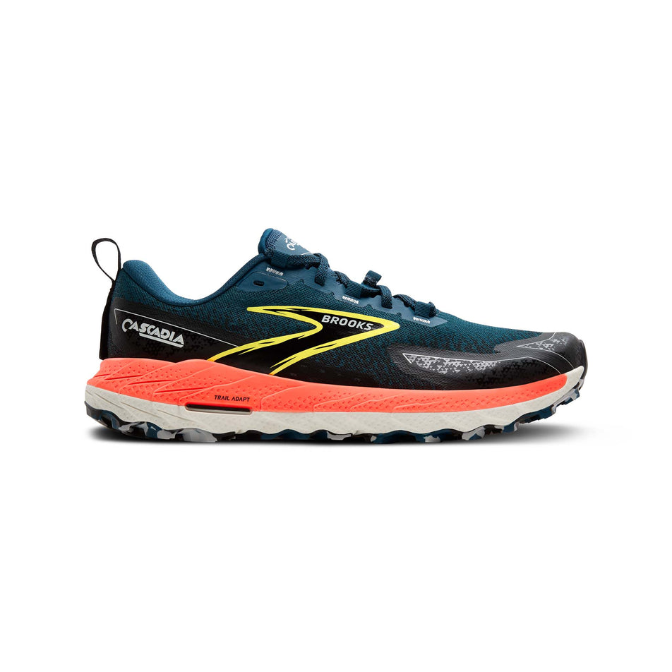 Lateral side of the right shoe from a pair of Brooks Men's Cascadia 18 Running Shoes in the Legion Blue/Black/Flame colourway. (8556651118754)