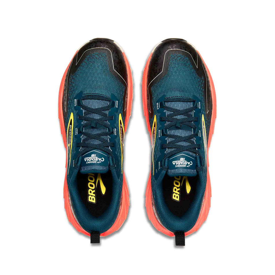 The uppers on a pair of Brooks Men's Cascadia 18 Running Shoes in the Legion Blue/Black/Flame colourway. (8556651118754)