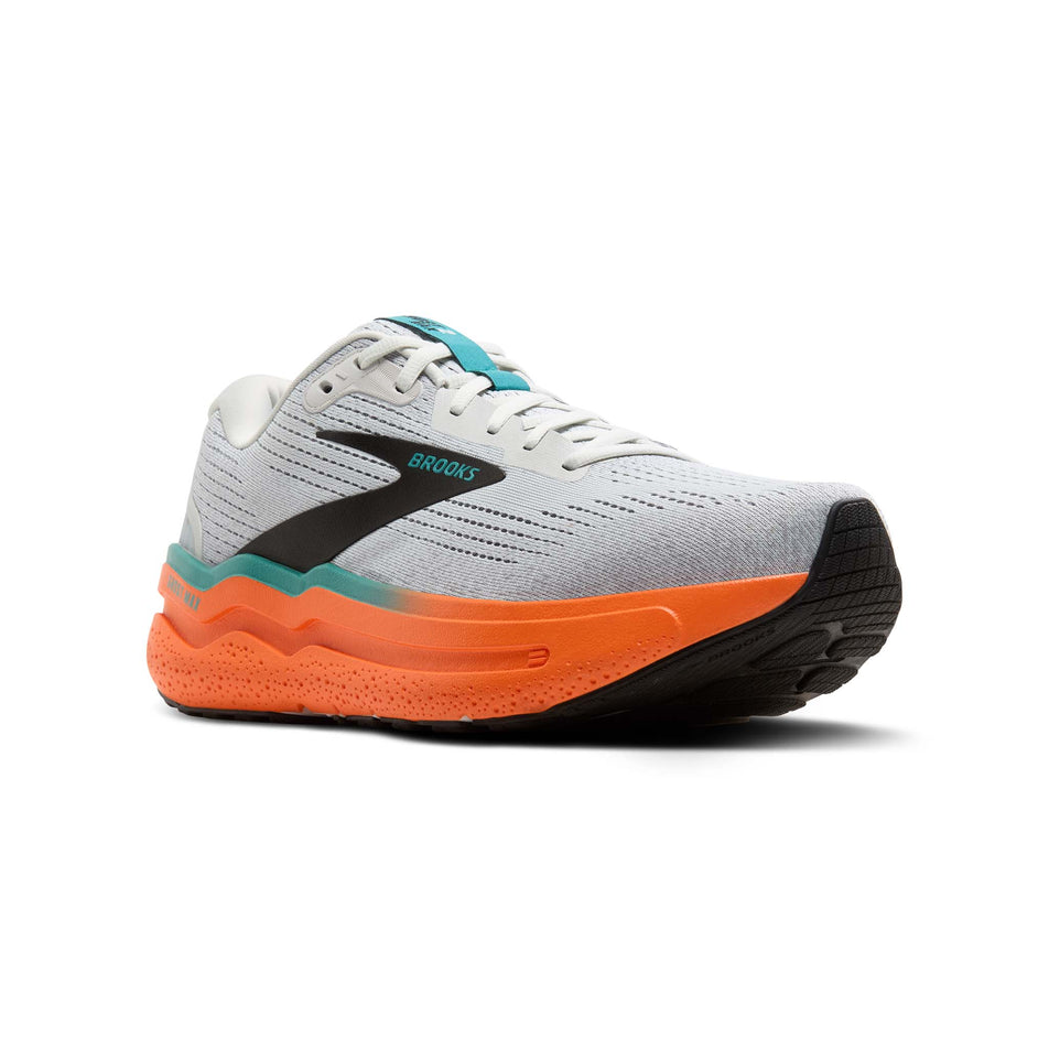 Lateral side of the right shoe from a pair of Brooks Men's Ghost Max 2 Running Shoes in the Oyster Mushroom/Orange/Teal colourway. (8550531891362)