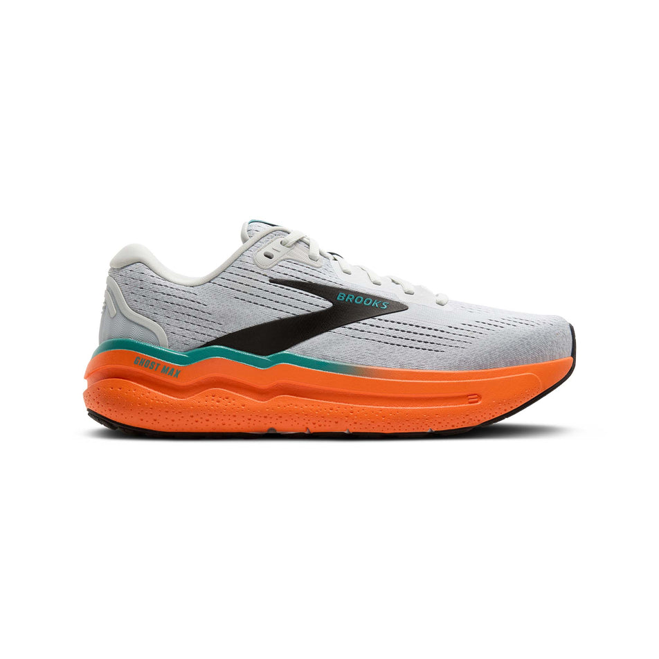 Lateral side of the right shoe from a pair of Brooks Men's Ghost Max 2 Running Shoes in the Oyster Mushroom/Orange/Teal colourway. (8550531891362)