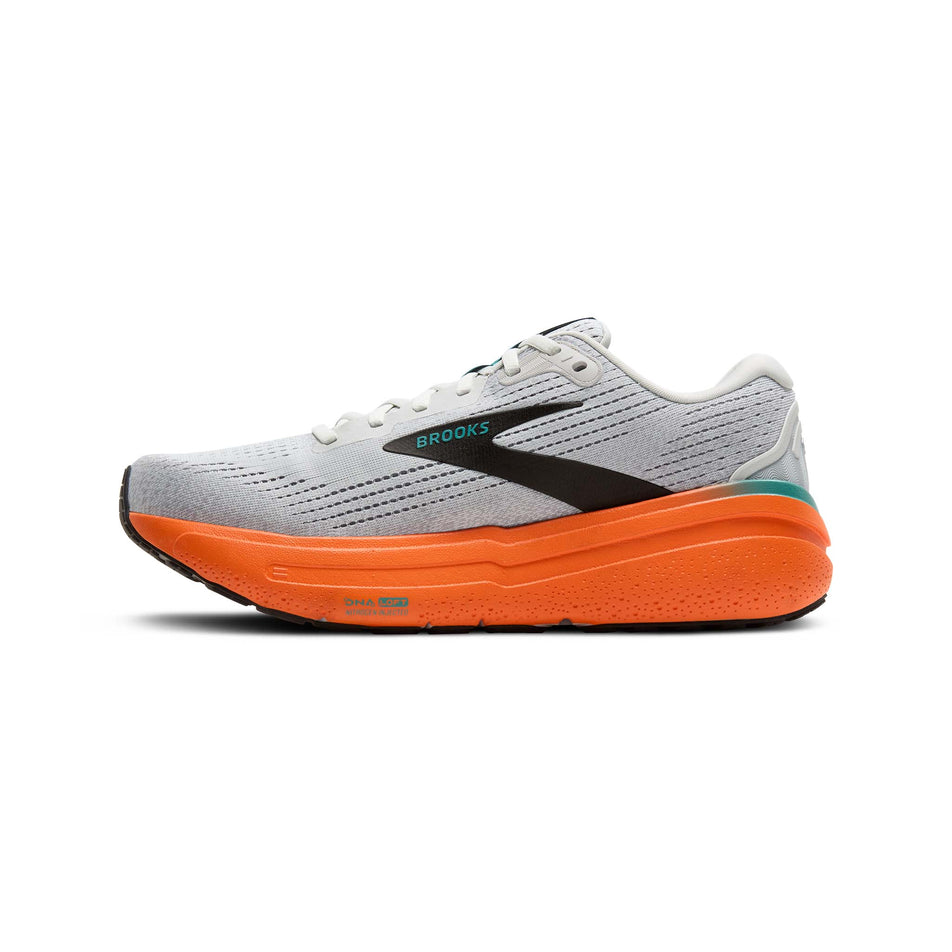 Medial side of the right shoe from a pair of Brooks Men's Ghost Max 2 Running Shoes in the Oyster Mushroom/Orange/Teal colourway. (8550531891362)