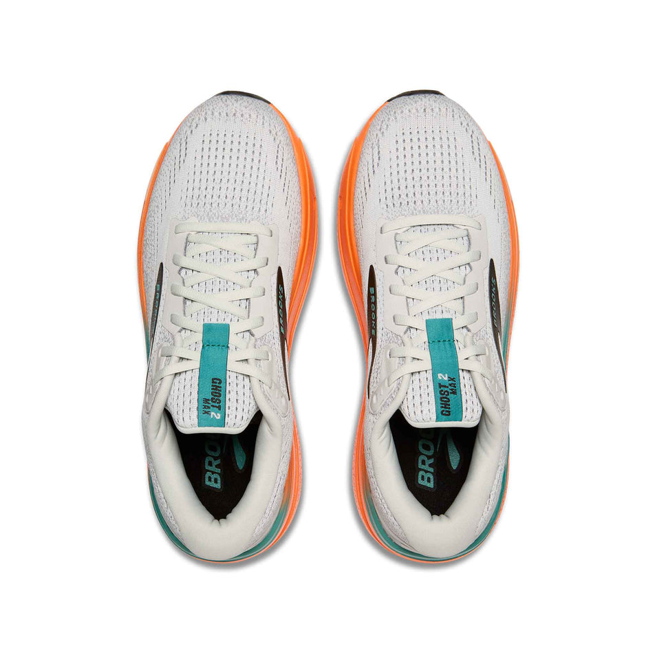 The uppers on a pair of Brooks Men's Ghost Max 2 Running Shoes in the Oyster Mushroom/Orange/Teal colourway. (8550531891362)