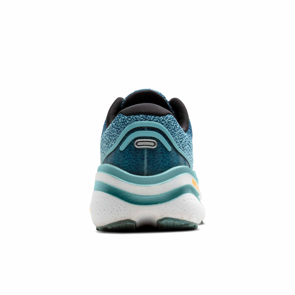 Back of the right shoe from a pair of Brooks Men's Ghost Max 2 Running Shoes in the Moroccan Blue/Aqua/Orange Pop colourway (8454582796450)