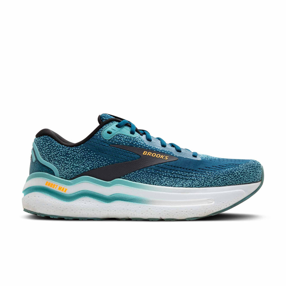 Lateral side of the right shoe from a pair of Brooks Men's Ghost Max 2 Running Shoes in the Moroccan Blue/Aqua/Orange Pop colourway (8454582796450)