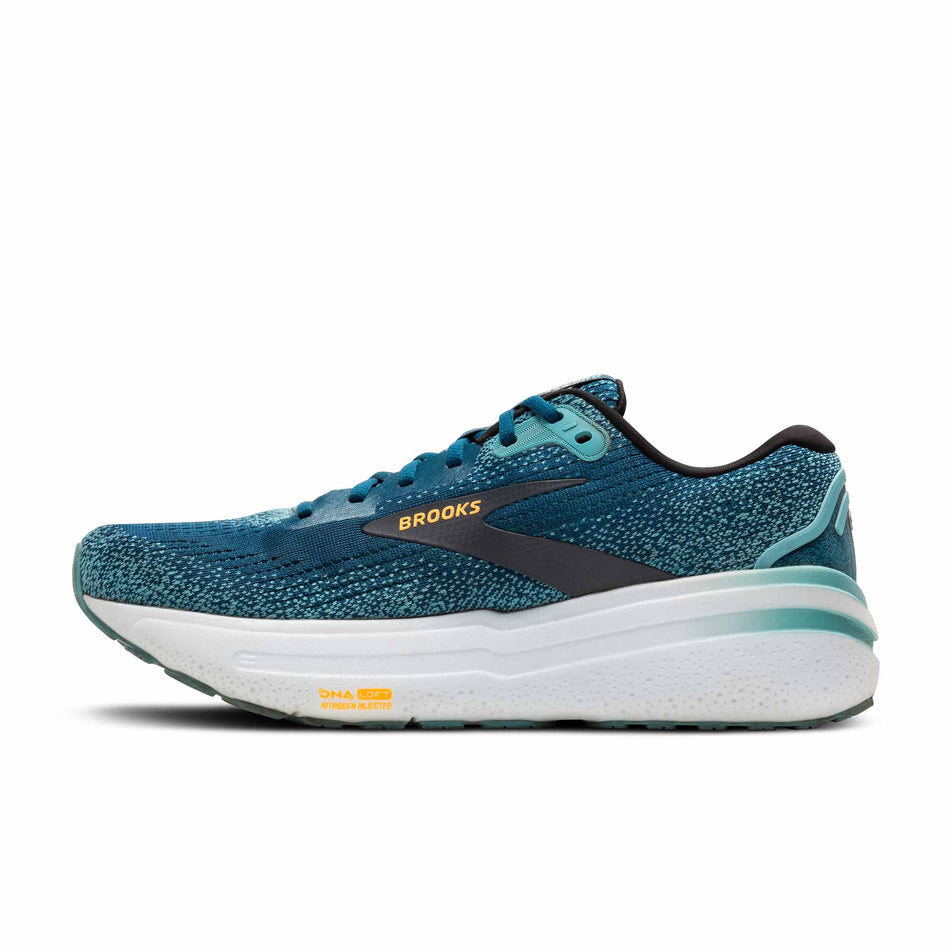 Medial side of the right shoe from a pair of Brooks Men's Ghost Max 2 Running Shoes in the Moroccan Blue/Aqua/Orange Pop colourway (8454582796450)