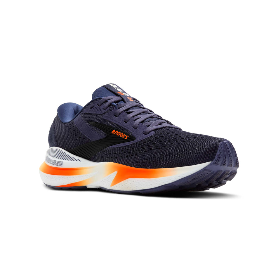 Lateral side of the right shoe from a pair of Brooks Men's Adrenaline GTS 24 Running Shoes in the Peacoat/Orange/White colourway. (8526840332450)