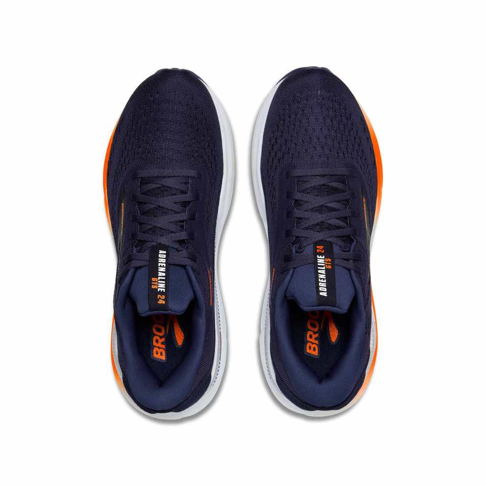 The uppers on a pair of Brooks Men's Adrenaline GTS 24 Running Shoes in the Peacoat/Orange/White colourway. (8526840332450)