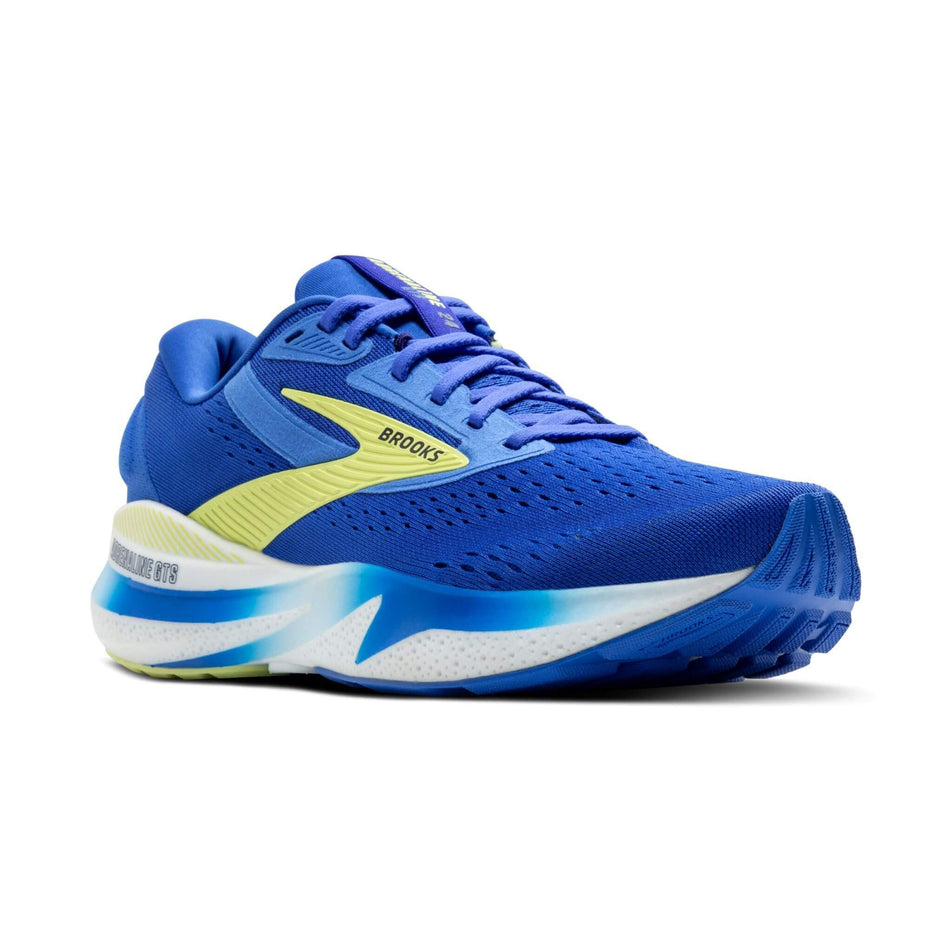 Lateral side of the right shoe from a pair of Brooks Men's Adrenaline GTS 24 2E Running Shoes in the Cobalt/Neo Yellow/Peacoat colourway. (8526854258850)