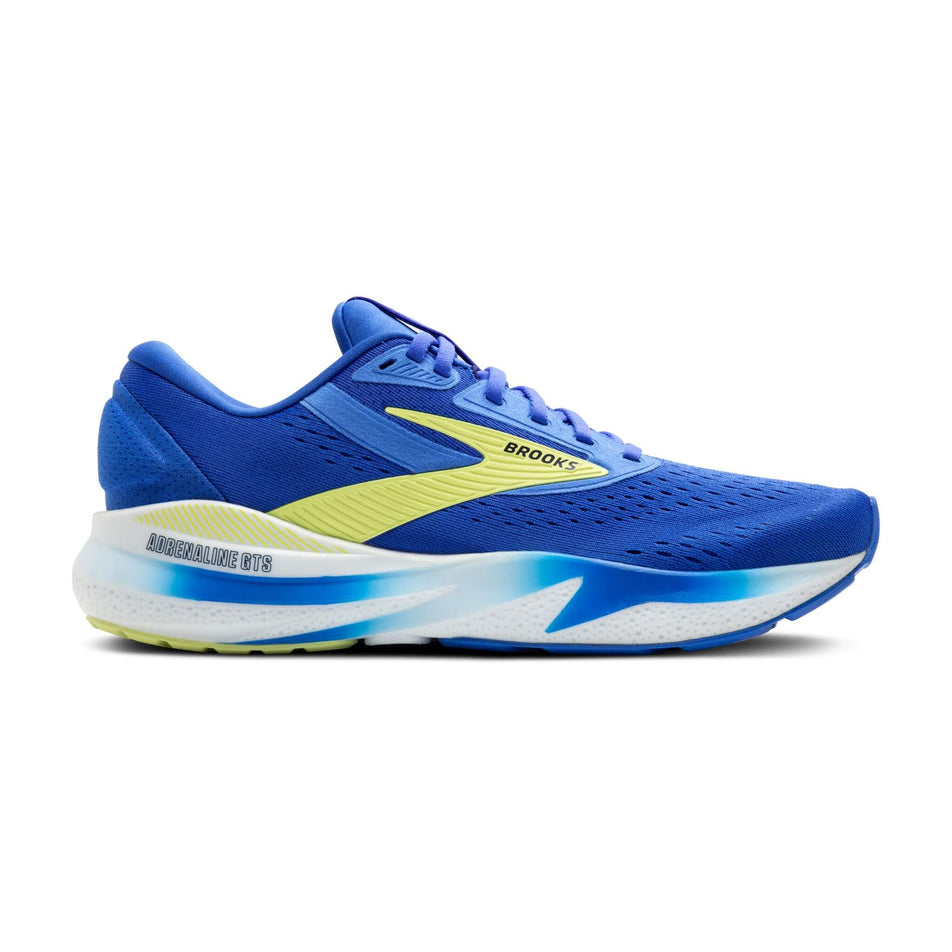 Lateral side of the right shoe from a pair of Brooks Men's Adrenaline GTS 24 2E Running Shoes in the Cobalt/Neo Yellow/Peacoat colourway. (8526854258850)