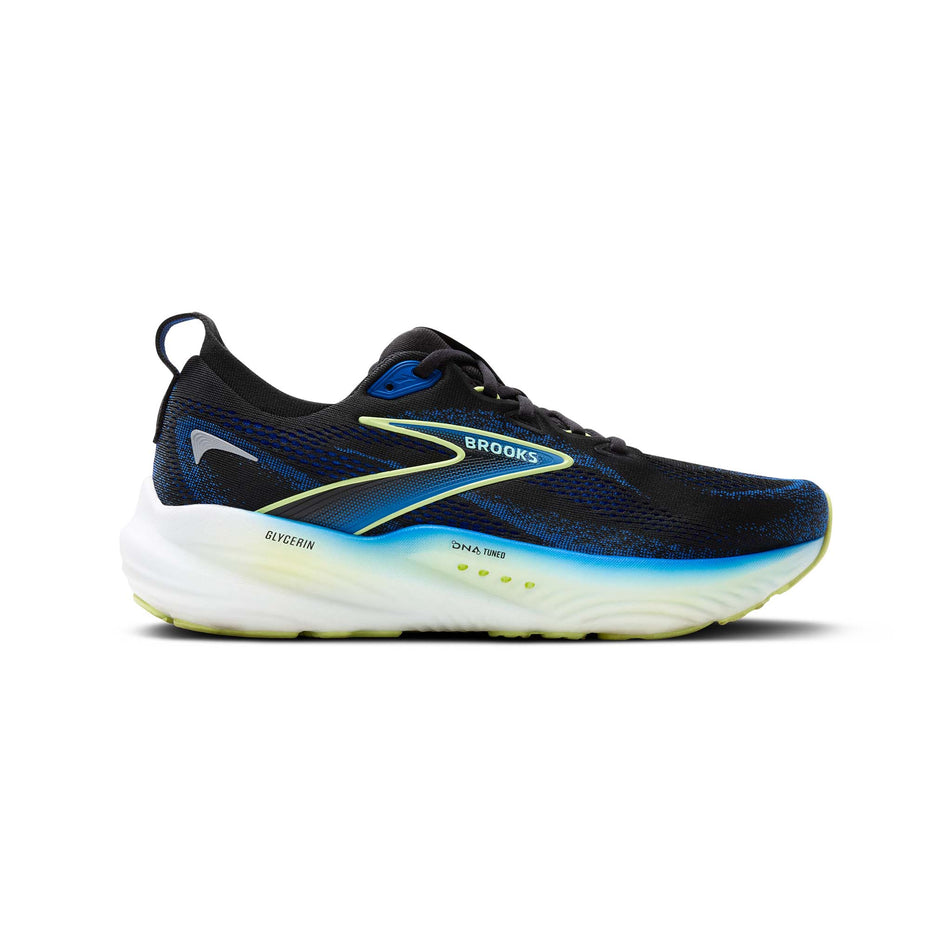 Lateral view of the right shoe from a pair of Brooks Men's Glycerin 22 Running Shoes in the Black/Cobalt/Neo Yellow colourway. (8556064571554)