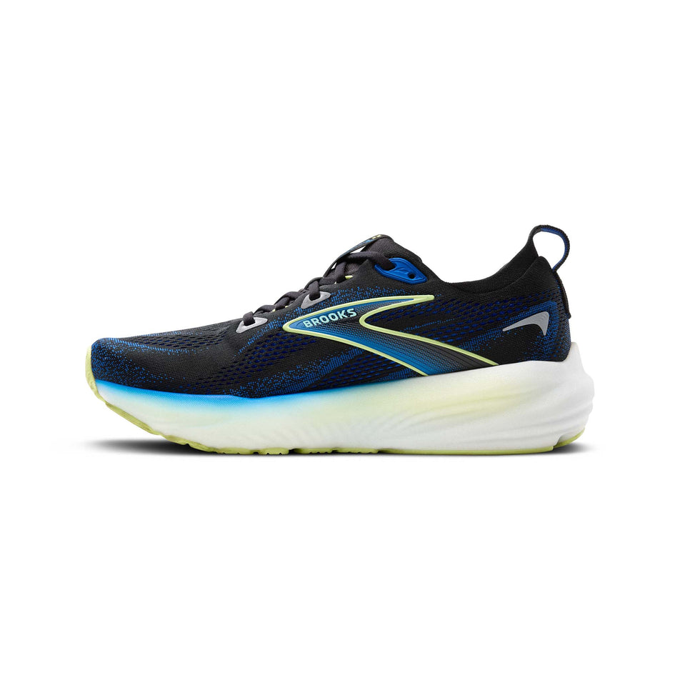 Medial view of the right shoe from a pair of Brooks Men's Glycerin 22 Running Shoes in the Black/Cobalt/Neo Yellow colourway. (8556064571554)