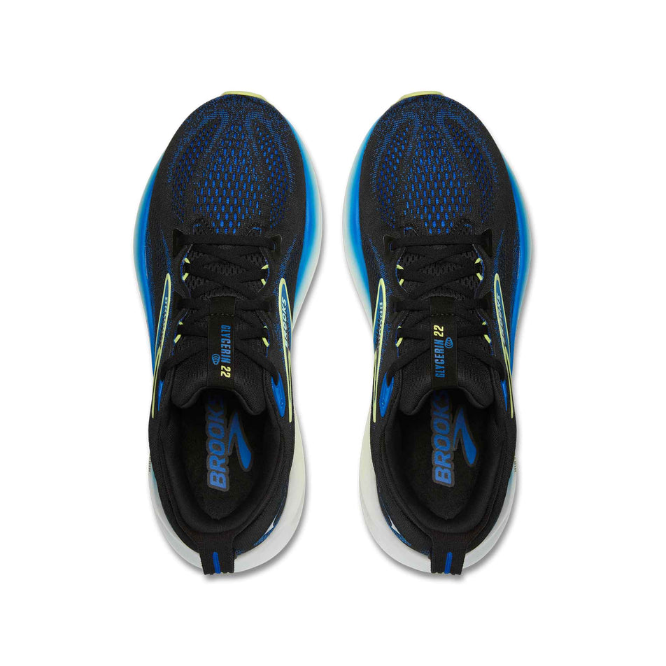 The uppers of a pair of Brooks Men's Glycerin 22 Running Shoes in the Black/Cobalt/Neo Yellow colourway. (8556064571554)