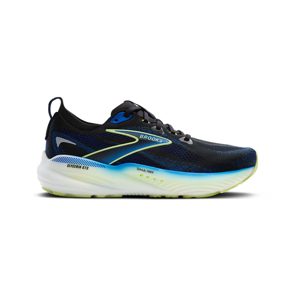 Lateral view of the right shoe from a pair of Brooks Men's Glycerin GTS 22 Running Shoes in the Black/Cobalt/Neo Yellow colourway. (8556614123682)