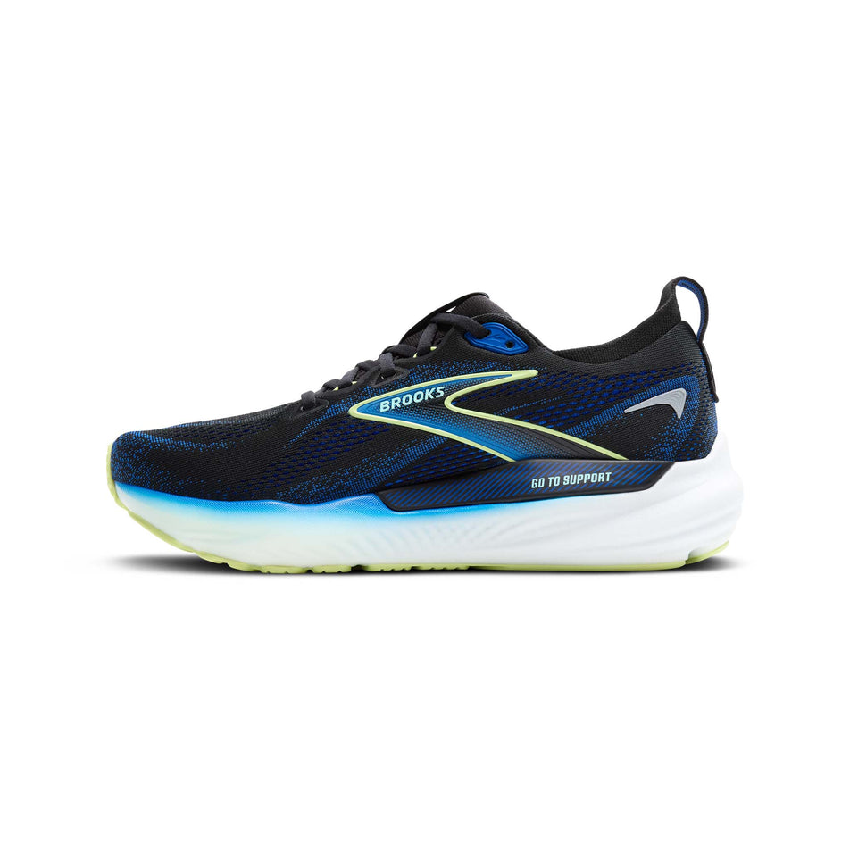 Medial view of the right shoe from a pair of Brooks Men's Glycerin GTS 22 Running Shoes in the Black/Cobalt/Neo Yellow colourway. (8556614123682)