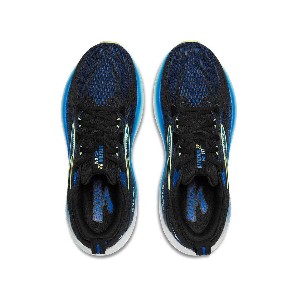 The uppers of a pair of Brooks Men's Glycerin GTS 22 Running Shoes in the Black/Cobalt/Neo Yellow colourway. (8556614123682)