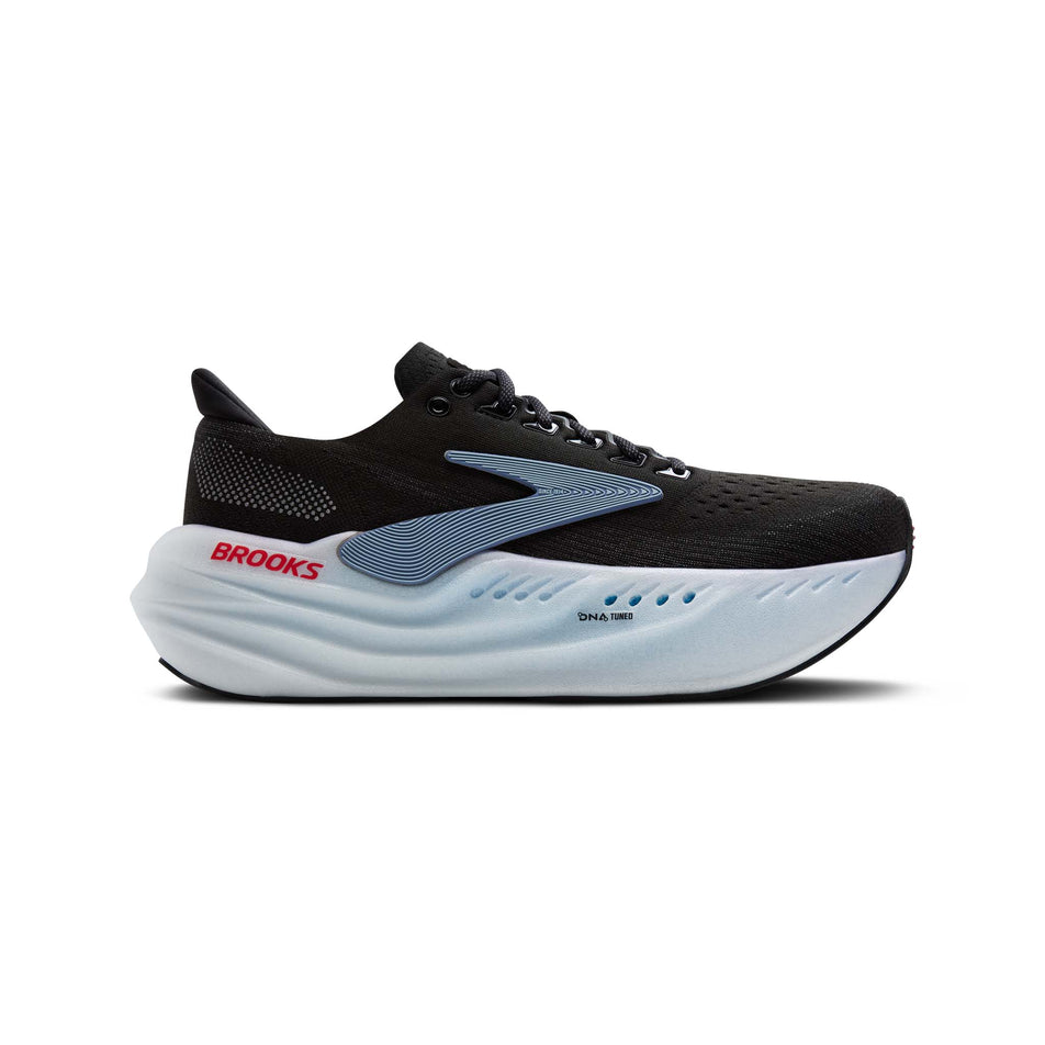 Lateral view of the right shoe from a pair of Brooks Men's Glycerin Max Running Shoes in the Black/Ebony/Winter Sky colourway. (8556045893794)