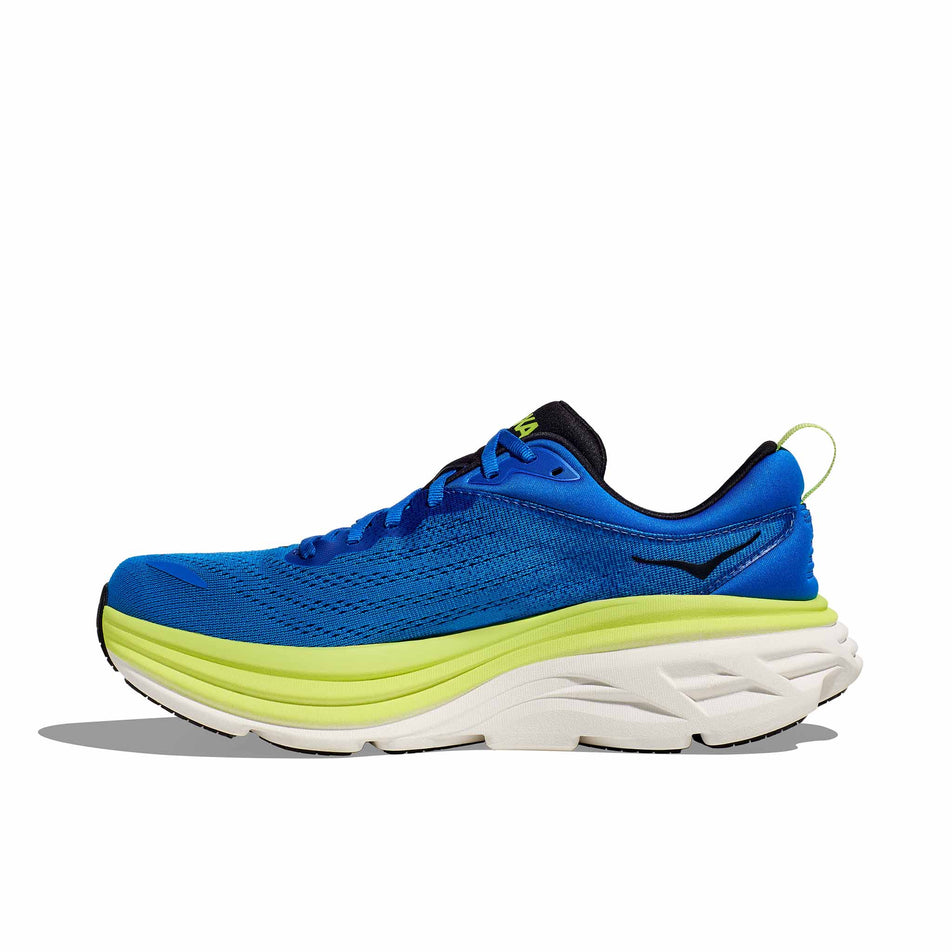 Medial side of the right shoe from a pair of HOKA Men's Bondi 8 Running Shoes in the Electric Cobalt/Lettuce colourway. (8399904309410)