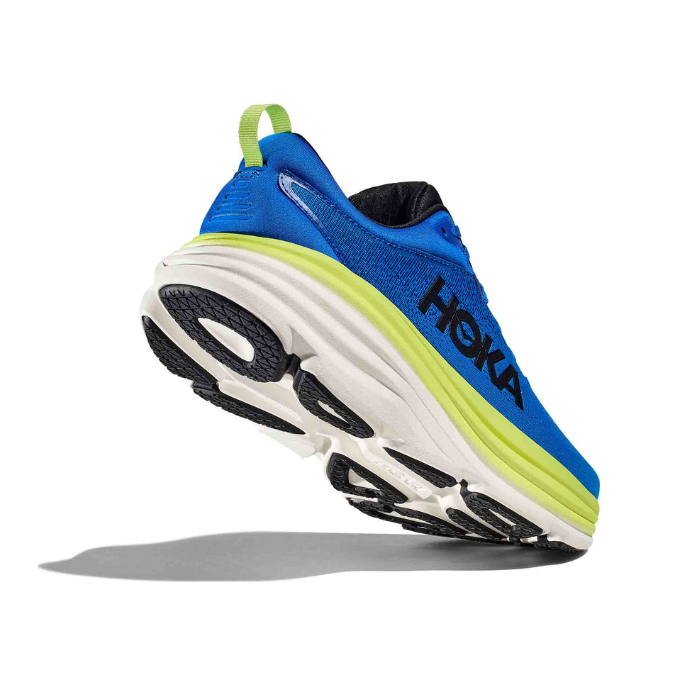 Lateral side of the right shoe from a pair of HOKA Men's Bondi 8 Running Shoes in the Electric Cobalt/Lettuce colourway. The majority of the outsole can be seen in the image. (8399904309410)