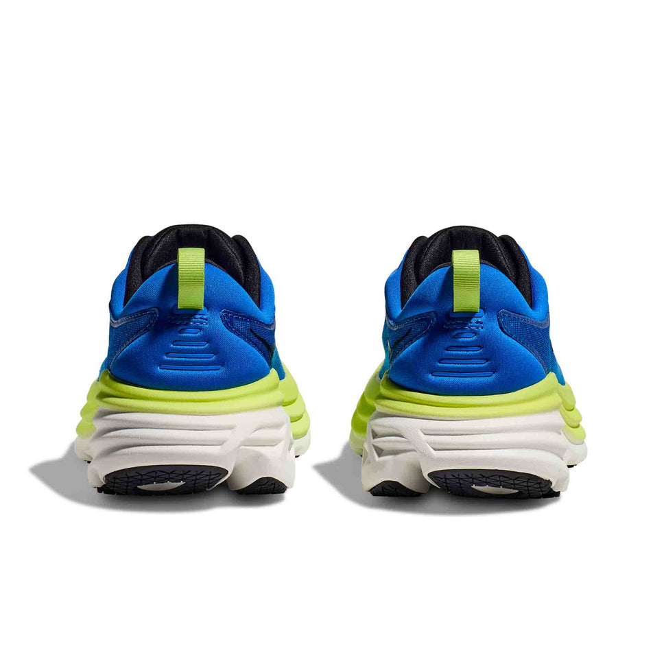 The back of a pair of HOKA Men's Bondi 8 Running Shoes in the Electric Cobalt/Lettuce colourway. (8399904309410)