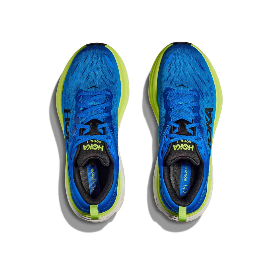 The uppers on a pair of HOKA Men's Bondi 8 Running Shoes in the Electric Cobalt/Lettuce colourway. (8399904309410)