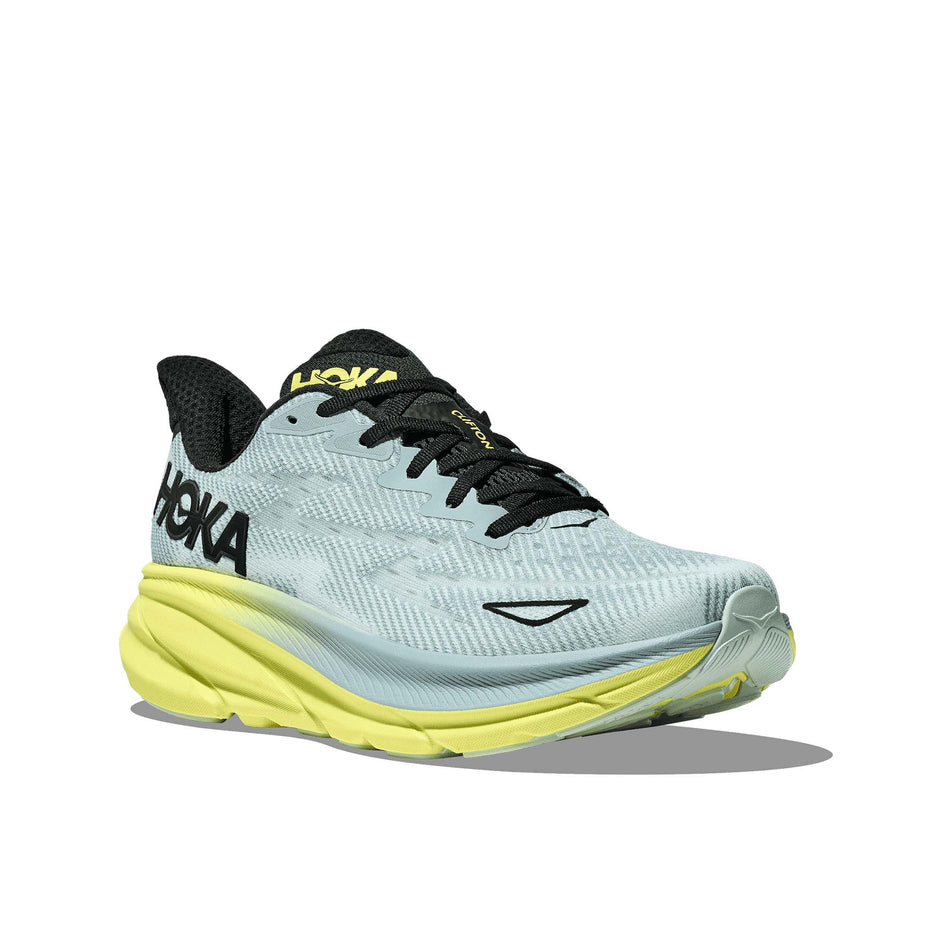 Lateral side of the right shoe from a pair of HOKA Men's Clifton 9 Running Shoes in the Druzy/Droplet colourway. (8561658429602)